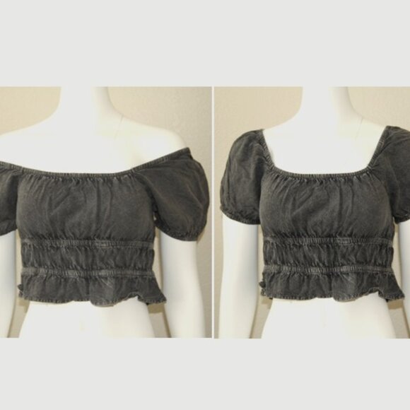 Rebellion Again, Size M, Rayon Crop Top, Strappy Back Off Shoulder, Gray - Picture 2 of 15
